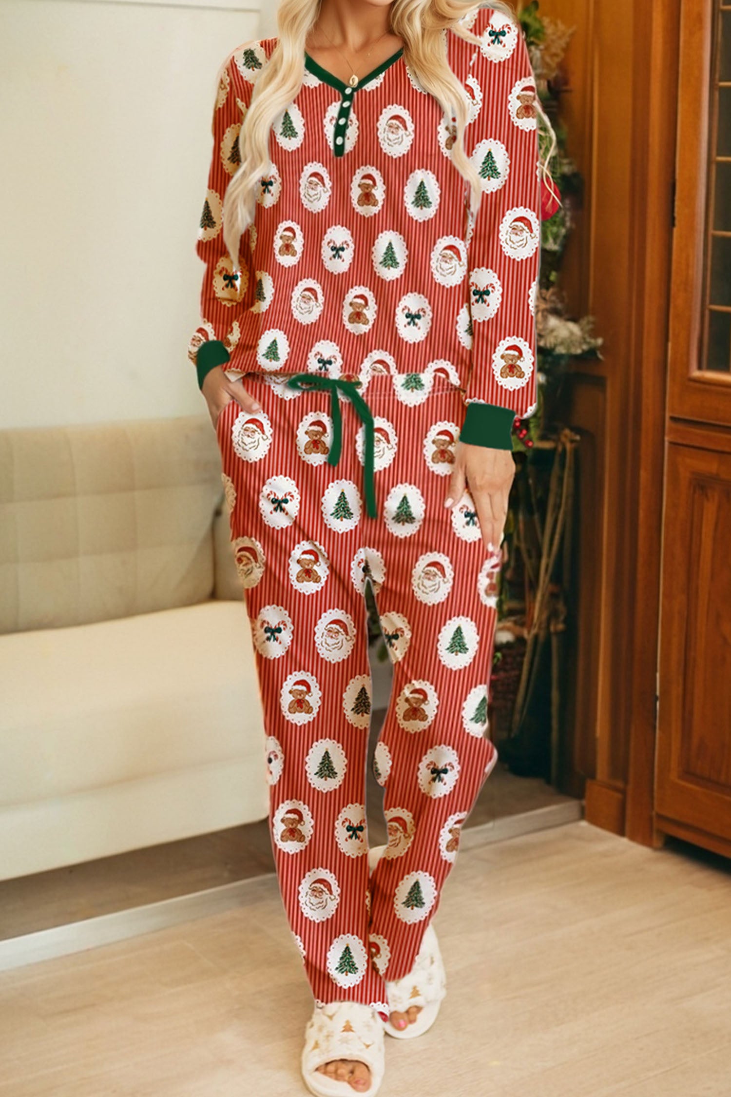 Red Stripe Christmas Fashion Print Henley V Neck Pullover and Jogger Pants 2 Piece Lounge Set